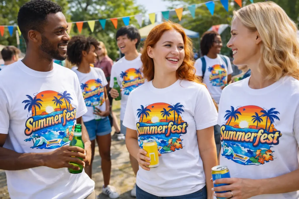 People wearing matching t-shirts at event
